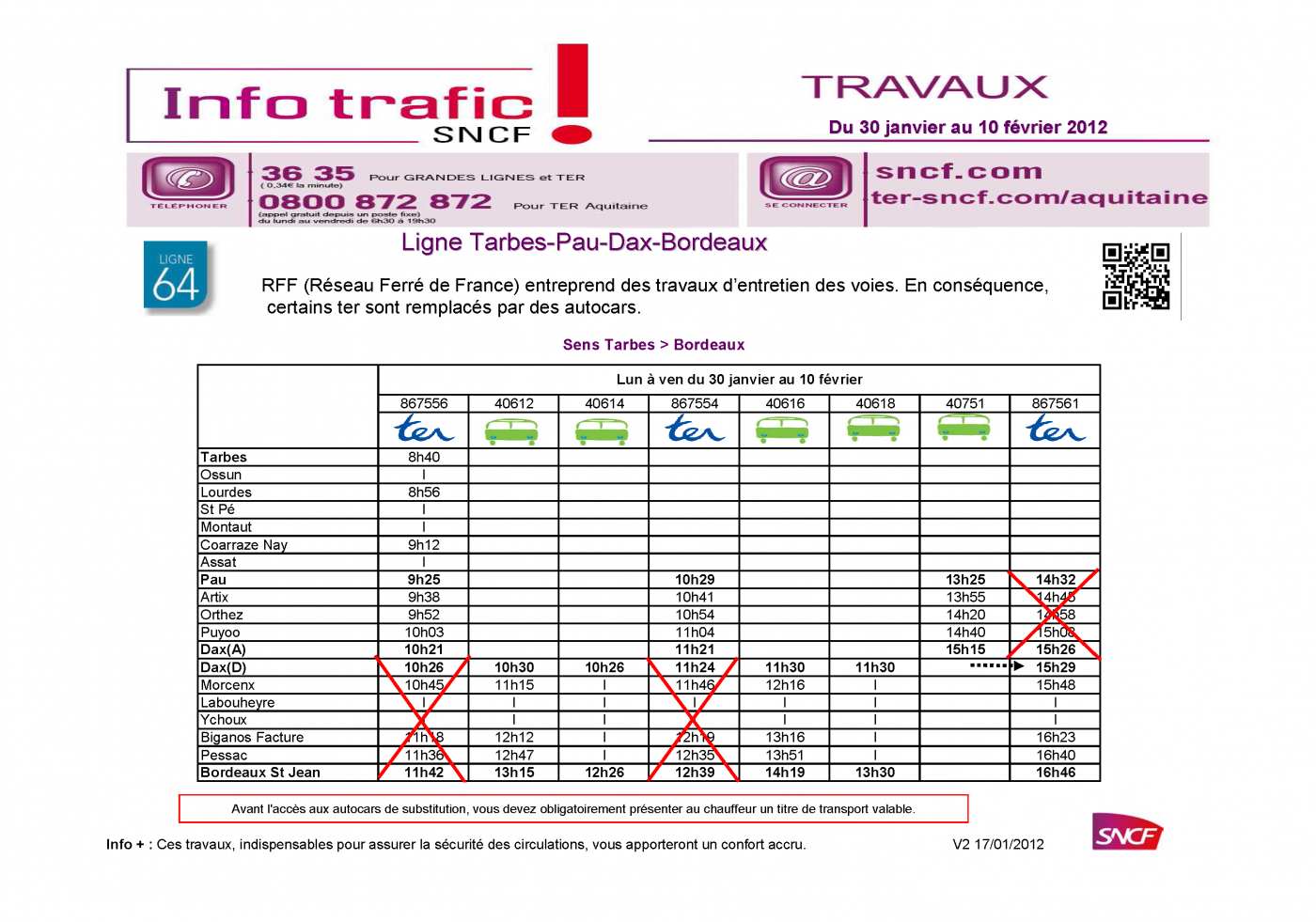 Ligne TarbesPauDaxBordeaux en Travaux du 30 janvier au 10 février 2012 paucirculation.fr Ligne TarbesPauDaxBordeaux en Travaux du 30 janvier au 10 février 2012 paucirculation.fr